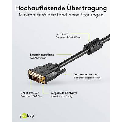 Goobay DVI Connection cable DVI-D 24+1-pin plug 5 m Black 93112 screwable, gold plated connectors, double shielding, Rou-2