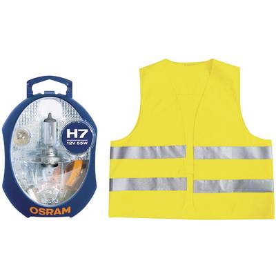 A set of H7 light bulbs in a blue packaging next to a yellow high-visibility vest with reflective strips.