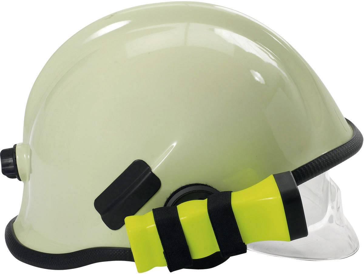 Personal Protective Equipment: A beige safety helmet with a fixed yellow torch attached to the side, suitable for safety or construction work.