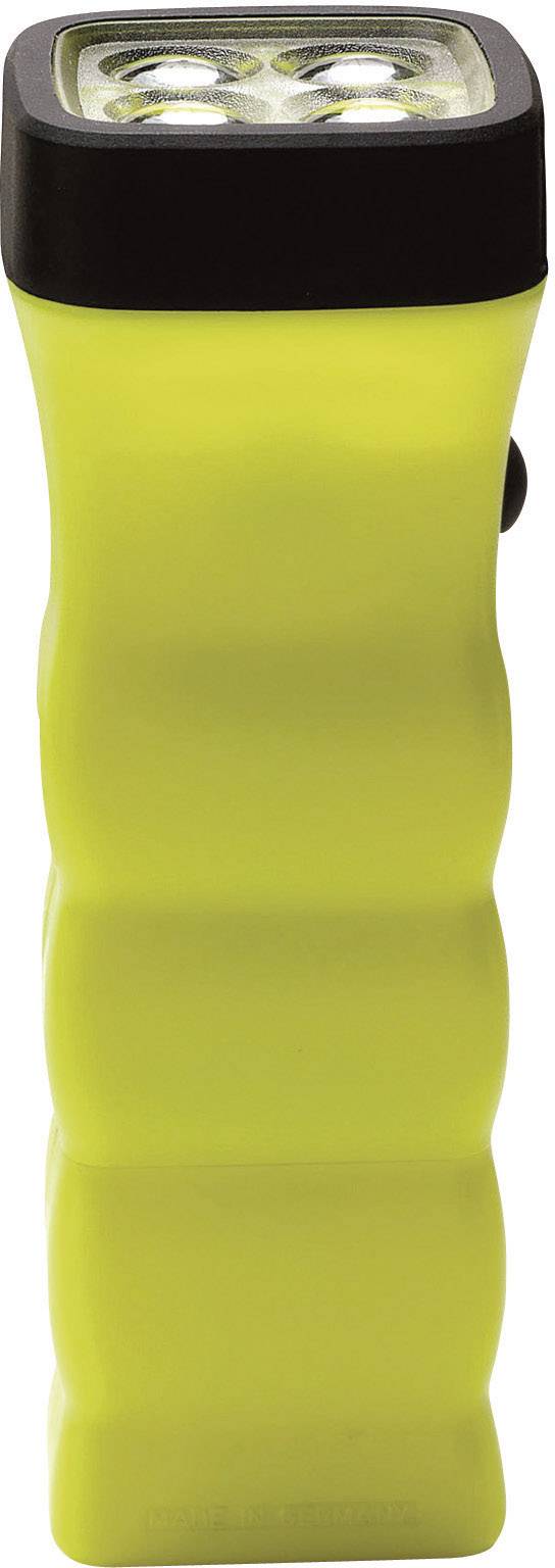 A yellow torch with a black upper rim and four LED lights.