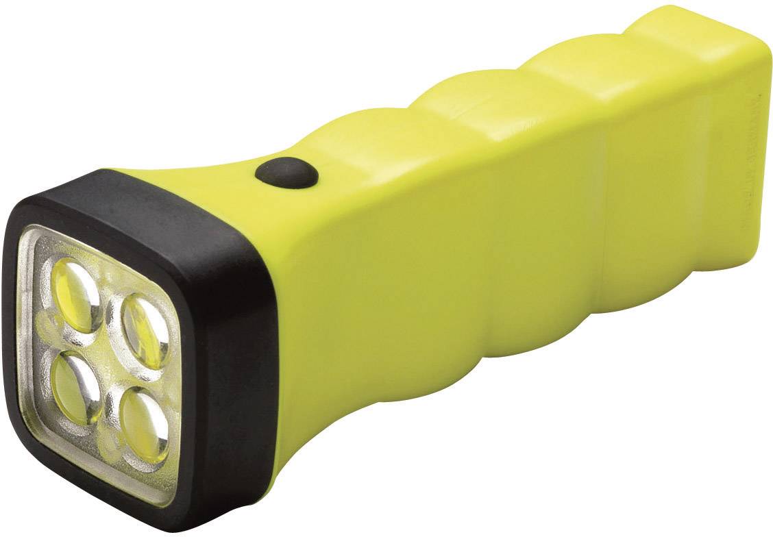 Yellow torch with four LEDs and black button, resting on a surface.