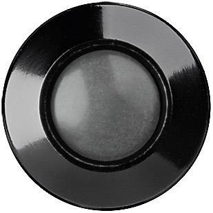 Round, black button with a glossy texture.