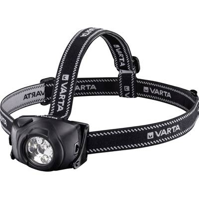 Black and white head torch by VARTA with elastic, adjustable headband. Includes multiple LED lights for hands-free illumination.