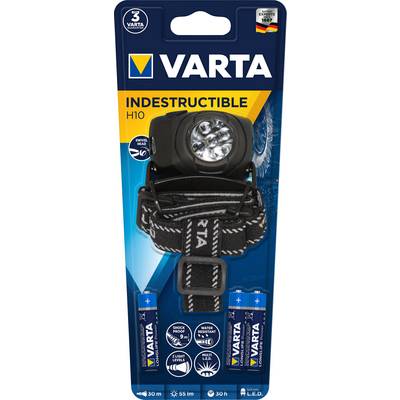 Packaging of a VARTA Indestructible H10 head torch with three AA batteries. Black head torch with adjustable headband.