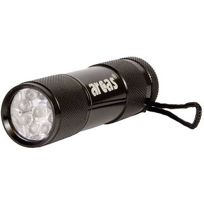 A small, black LED torch with a matching storage loop, suitable for outdoor activities and emergencies.