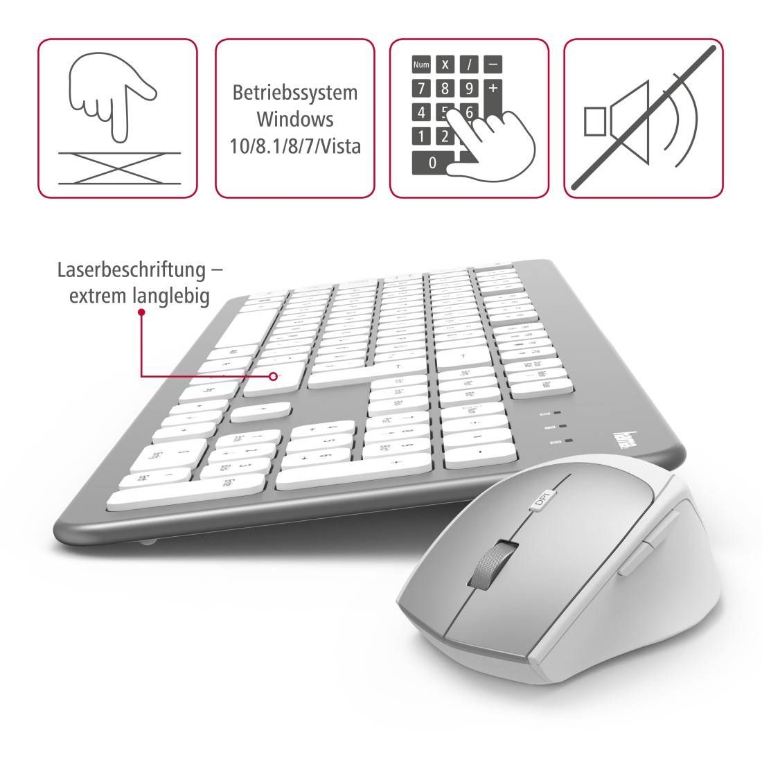 Hama KMW700 Radio Keyboard and mouse set German, QWERTZ Silver, White-2