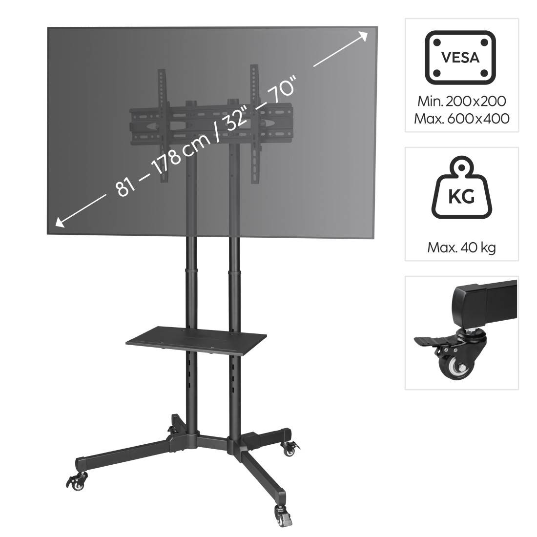 Hama TV trolley 81,3 cm (32") - 177,8 cm (70") Laptop tray, Tiltable, Height-adjustable-2