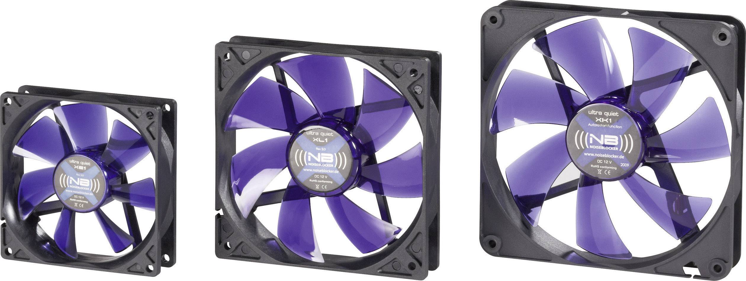 Three computer fans of different sizes side by side on a white background. Each fan has blue blades and a central label.