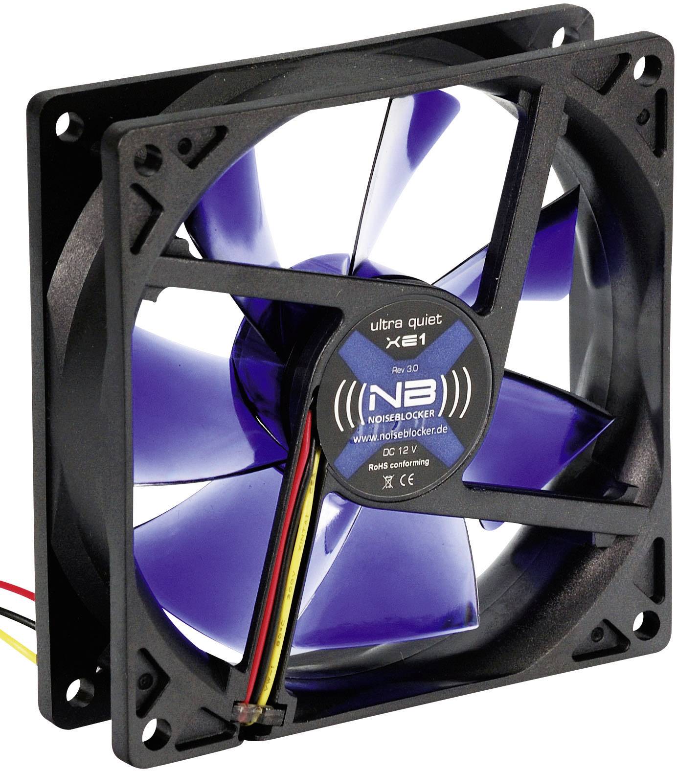 Black computer fan with blue rotor blades and multiple cable connections. Sticker in the centre: 'ultra quiet XE1'.