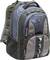 Dark grey and blue rucksack with multiple compartments, zips and mesh side pockets.