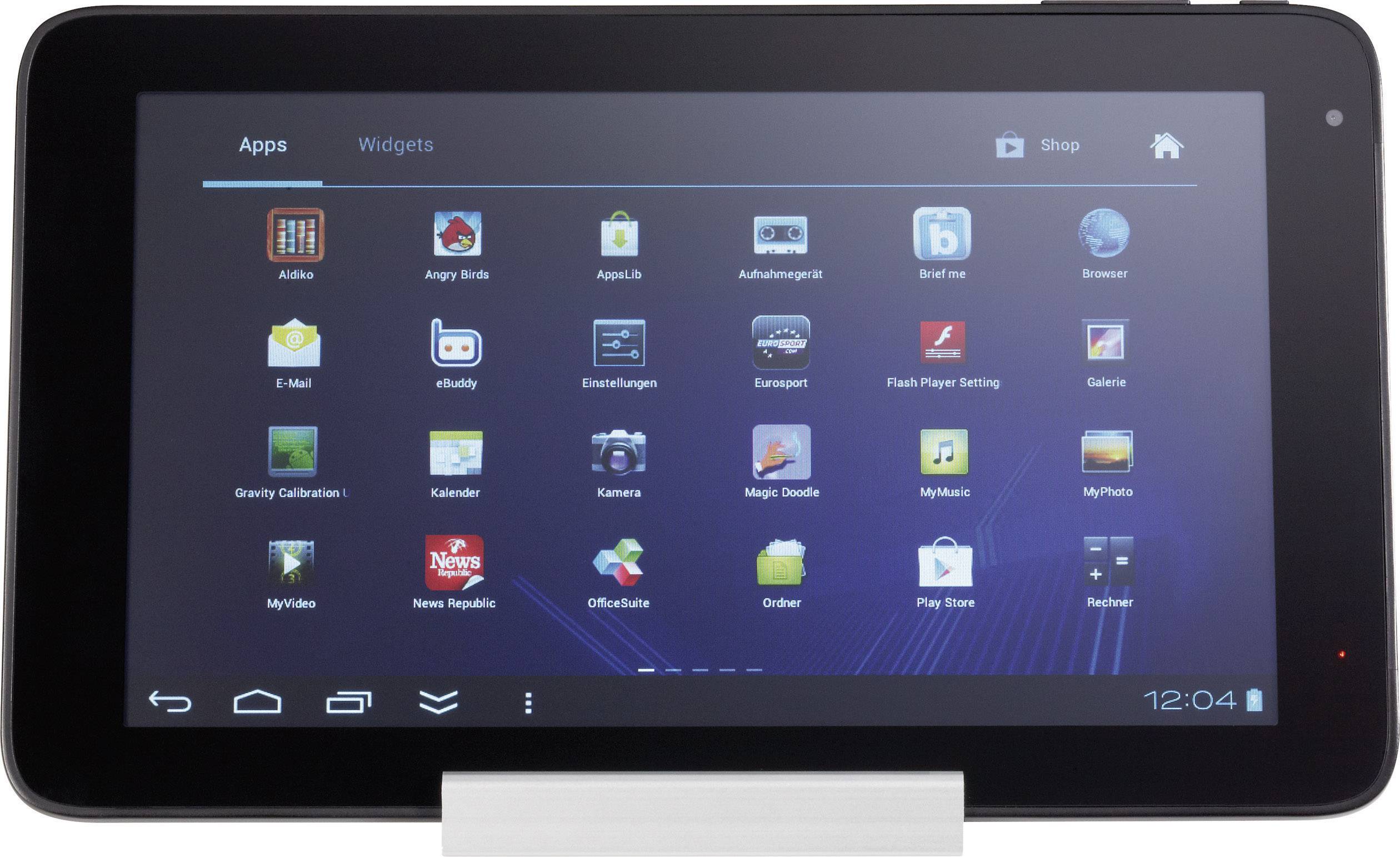 Tablet with home screen, displaying various app icons such as Email, Camera, and Browser. Time in the corner: 12:04.