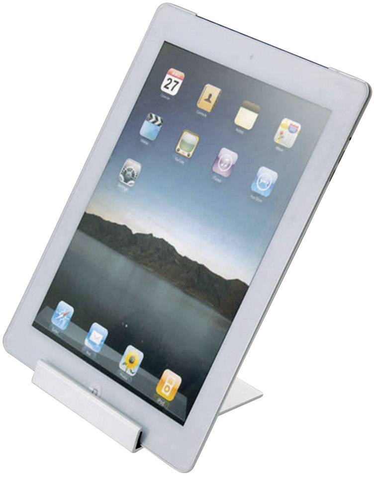 A tablet with apps on the screen, placed on a table stand. A landscape is depicted in the background.