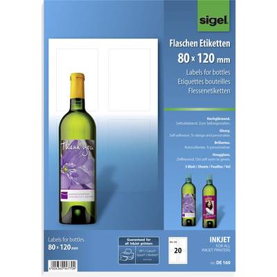 Sigel DE160 Bottle labels 80 x 120 mm Paper White 20 pc(s) Permanent adhesive Inkjet printer