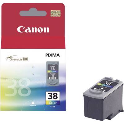 Canon PIXMA Colour Ink Cartridge CL-38 in Packaging. 38 Colour, suitable for ChromaLife 100 Printers. Packaging on the left, cartridge on the right.