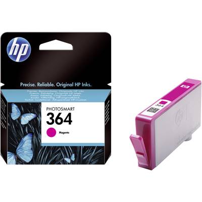 HP 364 Magenta Ink Cartridge beside packaging, suitable for HP Photosmart Printers, with butterfly design and product information.