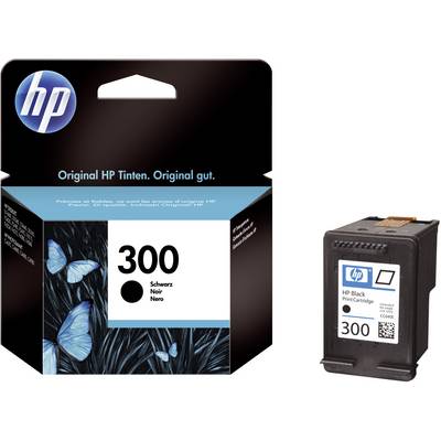 The image shows a HP 300 black ink cartridge and its packaging featuring blue butterflies and the HP logo.