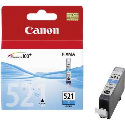 Canon CLI-521 ink cartridge in Cyan, packaged with ChromaLife100+ logo, promises long-lasting print results.