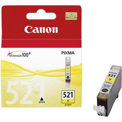 'Canon 521 Yellow Ink Cartridge, compatible with PIXMA printers. Packaging shows ink module and ChromaLife 100+ logo.'