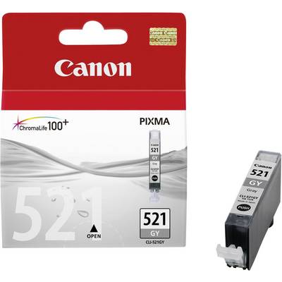 Canon PIXMA Printer Cartridge 521 GY, Grey, ChromaLife100+ Technology for Long-Lasting Prints. Packaging with ink and cartridge visible.