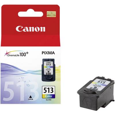 'Canon PIXMA Ink Cartridge CL-513' packaging shows a colourful printer ink cartridge. Packaging features Canon logo and ChromaLife100+.