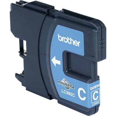 Blue printer cartridge from Brother, marked 'LC980C', suitable for inkjet printers, with a white arrow.