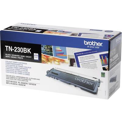 Packaging of a Brother TN-230BK Toner in Black. Contains 2200 pages, compatible with DCP-9010CN, HL-3040CN, HL-3070CW.