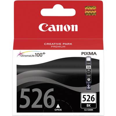 Canon Ink Cartridge 526 BK, suitable for PIXMA printers. Contains ChromaLife100+ technology for enhanced colour quality and durability.
