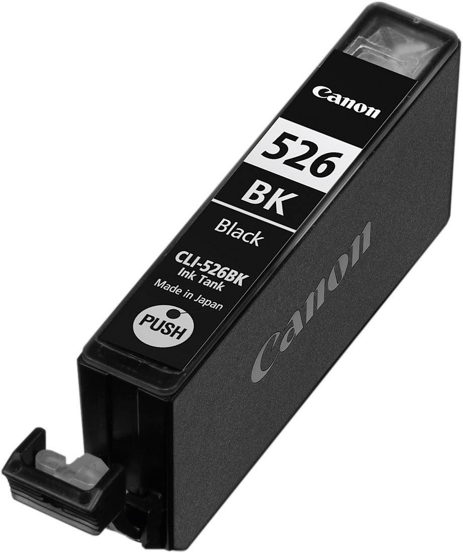 Black Canon ink cartridge, Model 526 BK, with 'PUSH' button and origin marking 'Made in Japan'.