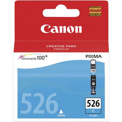 'Canon CLI-526C Cyan ink cartridge' on a blue background. Packaging displays Canon and PIXMA logos, ChromaLife100+.