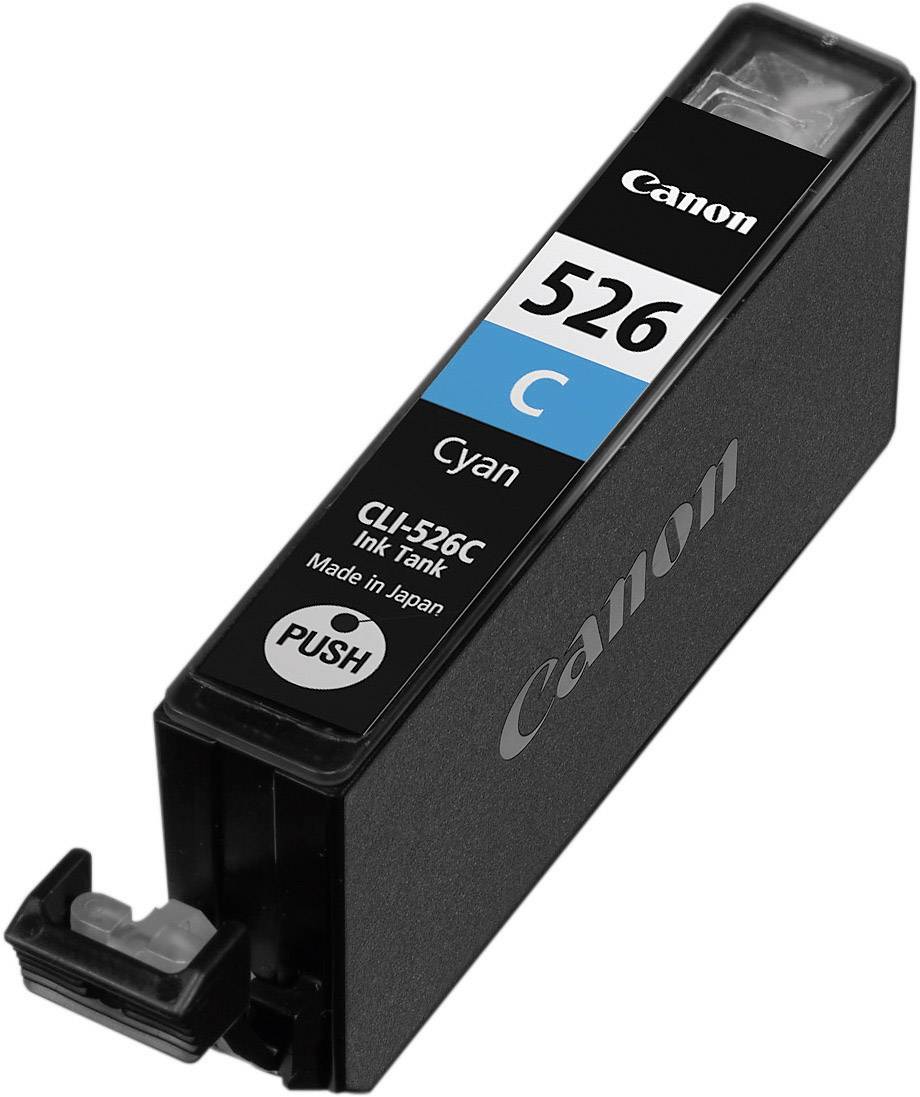 Black printer ink cartridge labelled with a blue label reading 'Canon 526 Cyan'. Contains printer ink.