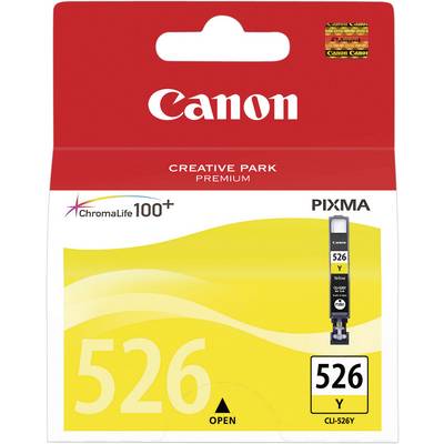 Canon CLI-526Y yellow ink cartridge for PIXMA, packaging includes information on ChromaLife100+ technology and Creative Park.