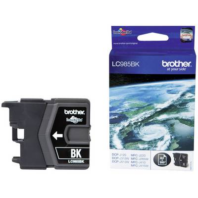 Brother LC985BK printer cartridge, black ink, suitable for specific Brother printer models. Packaging shows Earth from space.