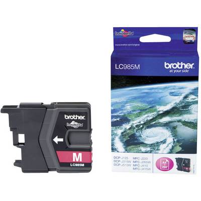 'Brother LC985M Ink Cartridge' in red for printer models such as DCP-J125; packaging shows a global view of the Earth.