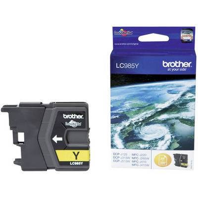 'Brother LC985Y ink cartridge in Yellow; packaging featuring an image of the Earth. Compatible with listed DCP and MFC printer models.'