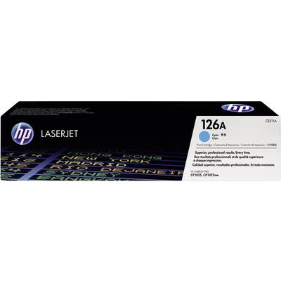 Cartridge for HP LaserJet 126A in Cyan. Packaging displays world city names and highlights high-quality print quality. Product code: CE311A.