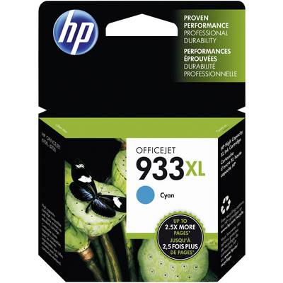 HP 933XL Printer Cartridge in Cyan, packaged. 'Up to 2.5x more pages' is advertised. Contains an image of a butterfly on plants.