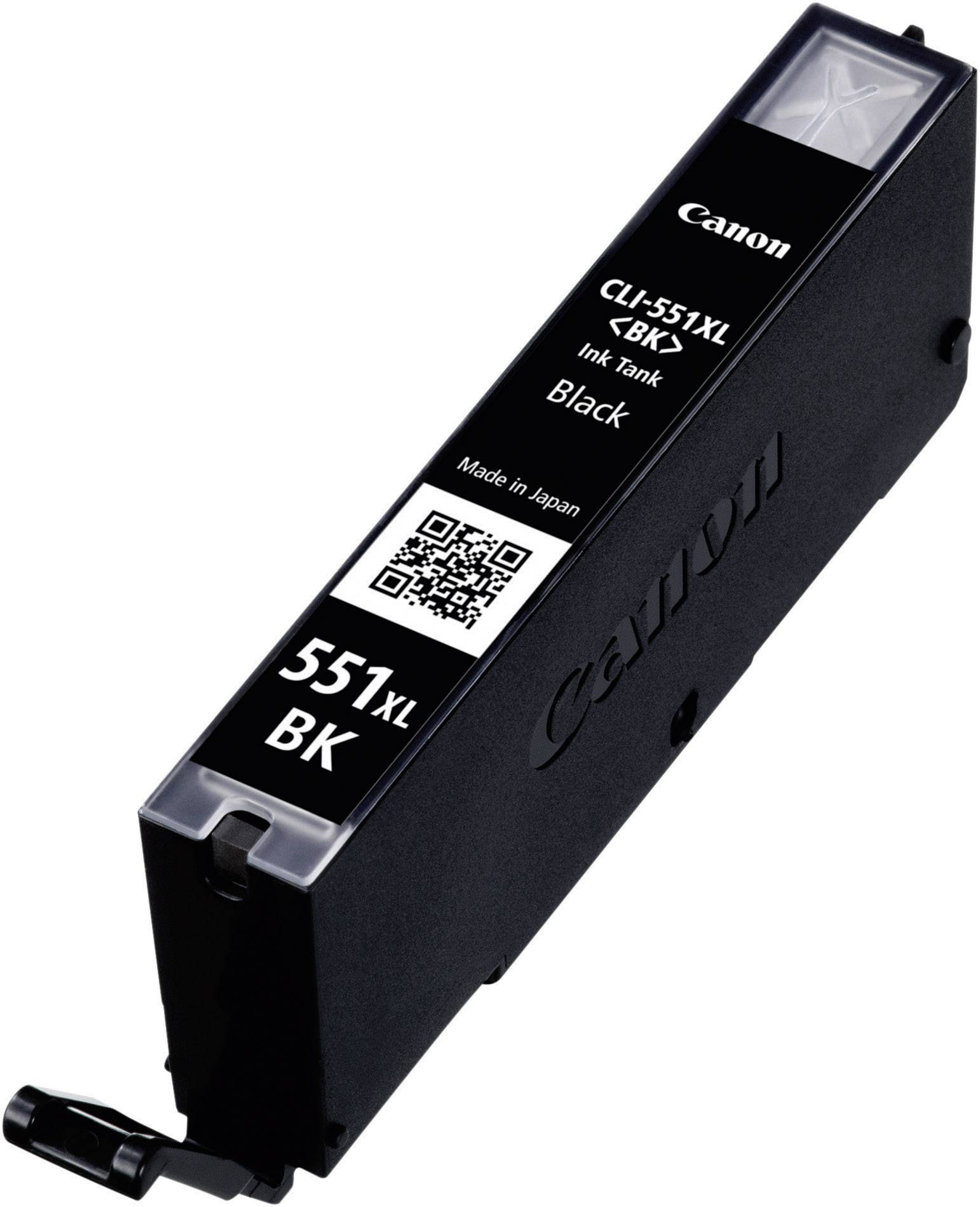 A black Canon ink cartridge 'CLI-551XL BK'. Features the inscription 'Made in Japan' and a QR code on the front.