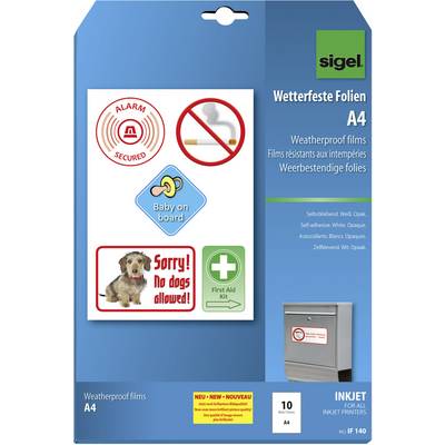 Weatherproof Films for Inkjet Printers, A4, Pack of 10: Includes Examples of Safety and Warning Signs such as 'No Dogs Allowed!' and 'Baby on Board'.