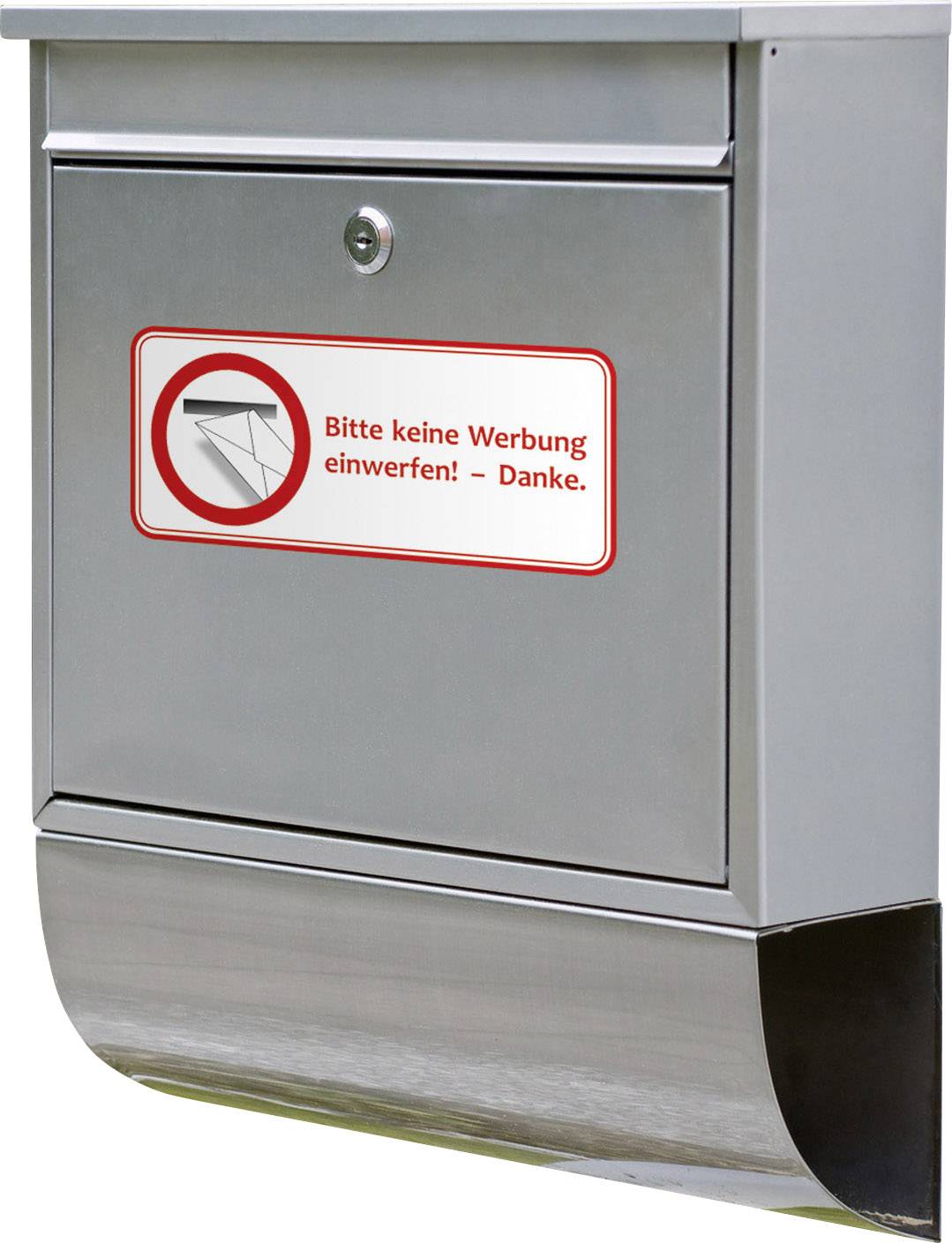 Silver letterbox with a red sign: 'No junk mail, please! - Thank you.'