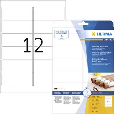 Packaging of HERMA adhesive film with 12 self-adhesive labels. Product is suitable for outdoor use and manufactured in Germany.