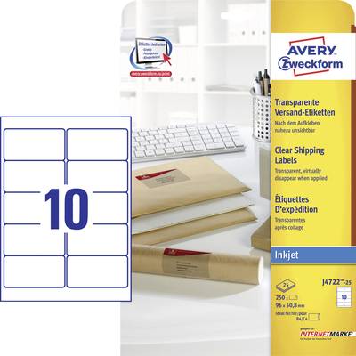 Avery-Zweckform J4722-25 All-purpose labels 96 x 50.8 mm Polyester film Transparent 250 pc(s) Permanent adhesive Inkjet 