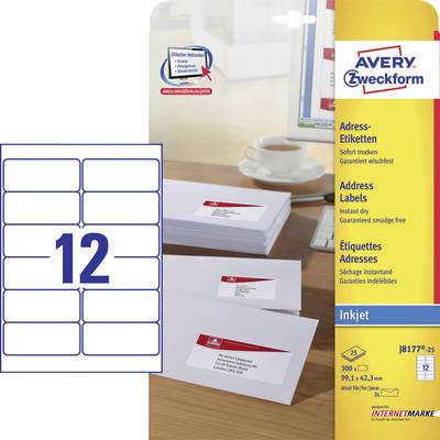 Avery-Zweckform J8177-25 Address labels 99.1 x 42.3 mm Paper White 300 pc(s) Permanent adhesive Inkjet printer, Manual l