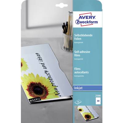 Self-adhesive transparent sheets by Avery Zweckform for inkjet printers, A4 size, with a sunflower design on the packaging.