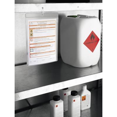 On a metal shelving unit stands a white canister with the label 'Flammable Liquid', alongside safety information and other containers.