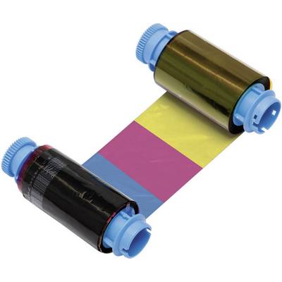 Ribbon in yellow, magenta, cyan and black colours, mounted on blue reels, for use in printers producing colour prints.