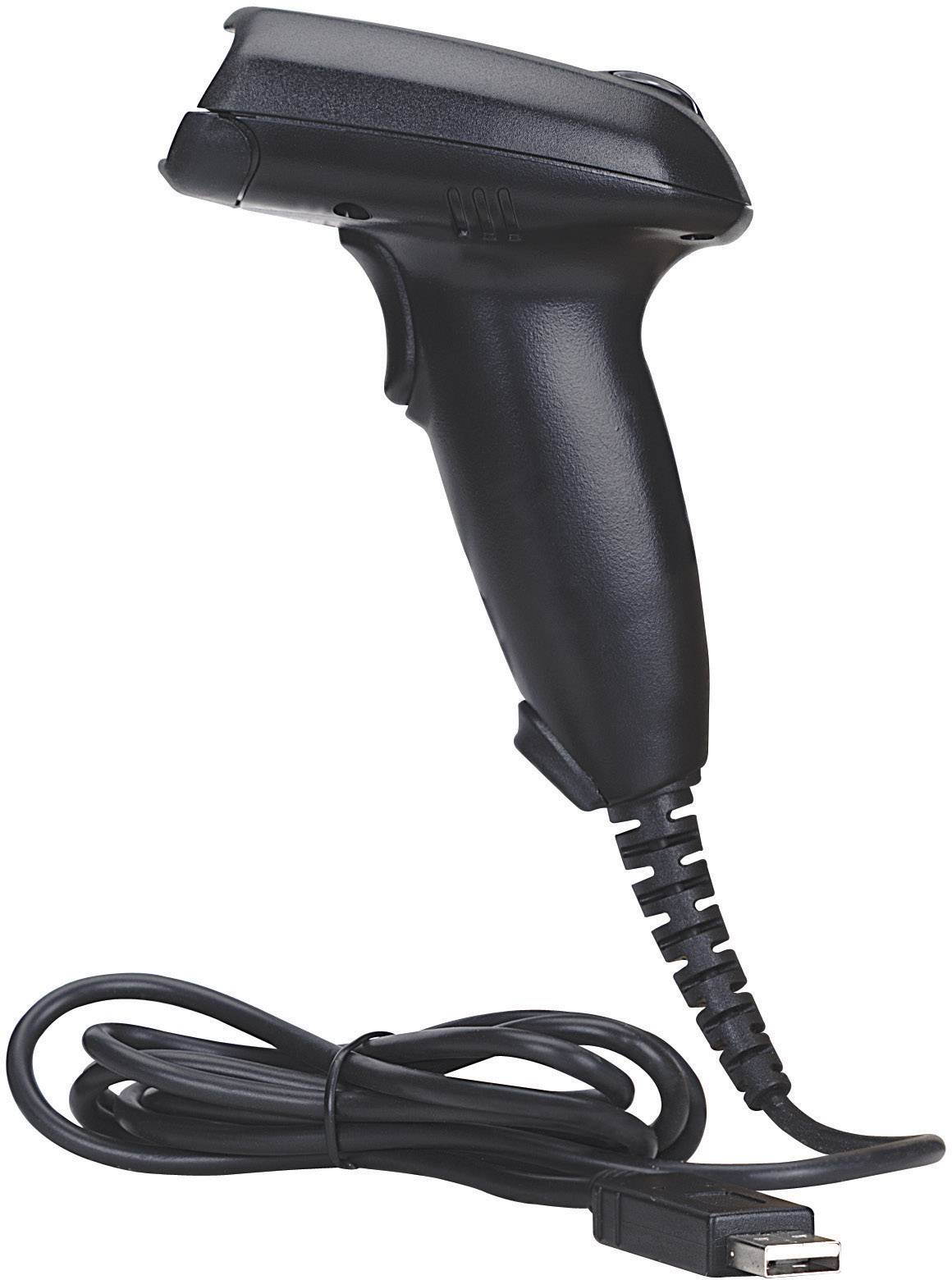 Black handheld scanner with USB connection cable.