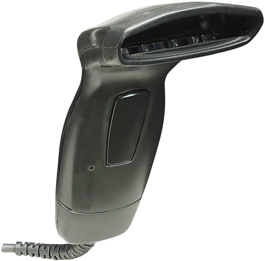 A black handheld scanner with a curved handle and cable connection, suitable for scanning barcodes in shops or warehouses.