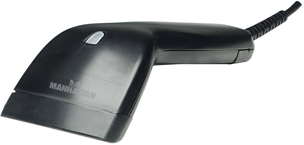 Black hand scanner with cable, 'Manhattan' brand name on the reverse. Suitable for reading barcodes.