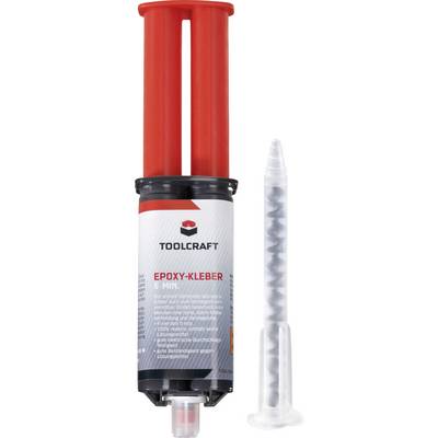 A red Toolcraft epoxy adhesive double syringe and a mixing nozzle. Suitable for quick and strong bonds in 5 minutes.