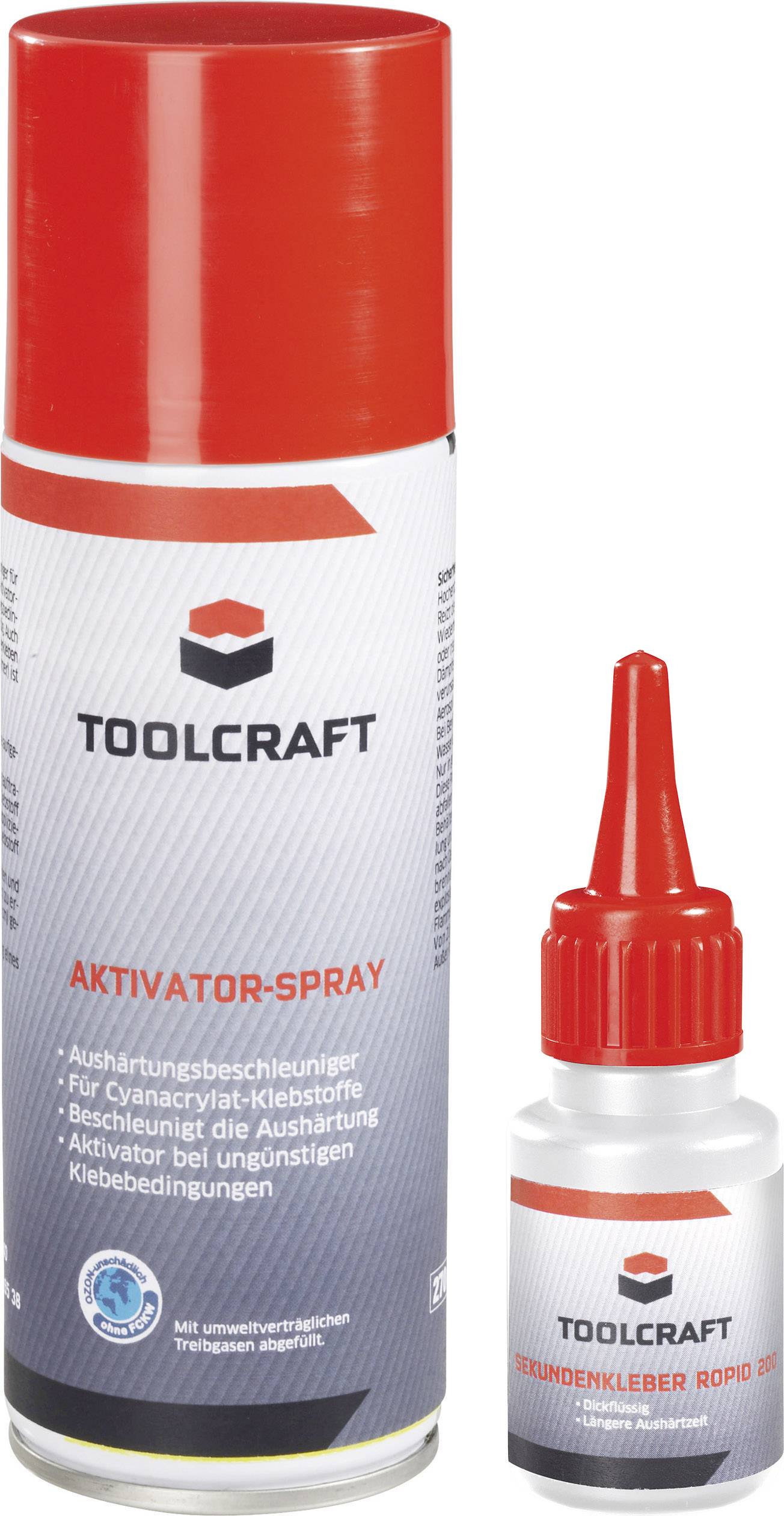 'Tin with TOOLCRAFT activator spray and small bottle of cyanoacrylate adhesive. Spray accelerates curing for cyanoacrylate adhesives.'